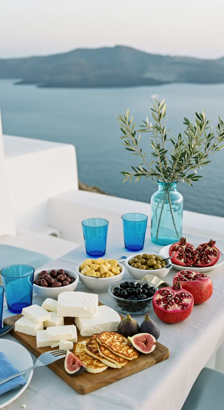 Mesa de quesos de estilo griego con feta, granadas y vasos azules junto al mar.