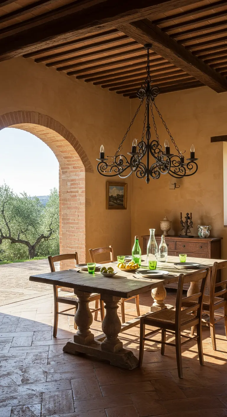 Comedor rústico en una terraza cubierta con arco de ladrillo, mesa de madera y lámpara colgante