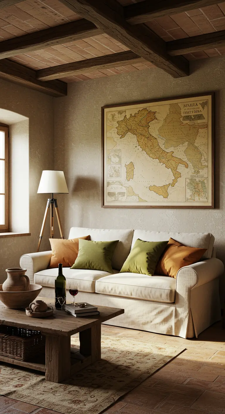 Sala de estar de estilo rústico con un gran mapa de Italia en la pared y muebles de madera.
