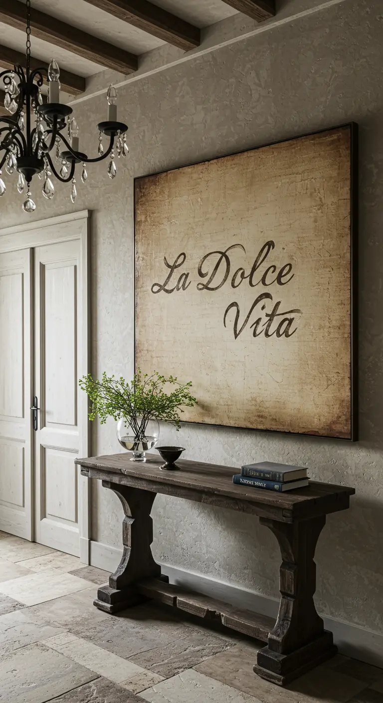 Recibidor de estilo rústico toscano con un enorme lienzo envejecido que dice 'La Dolce Vita'.