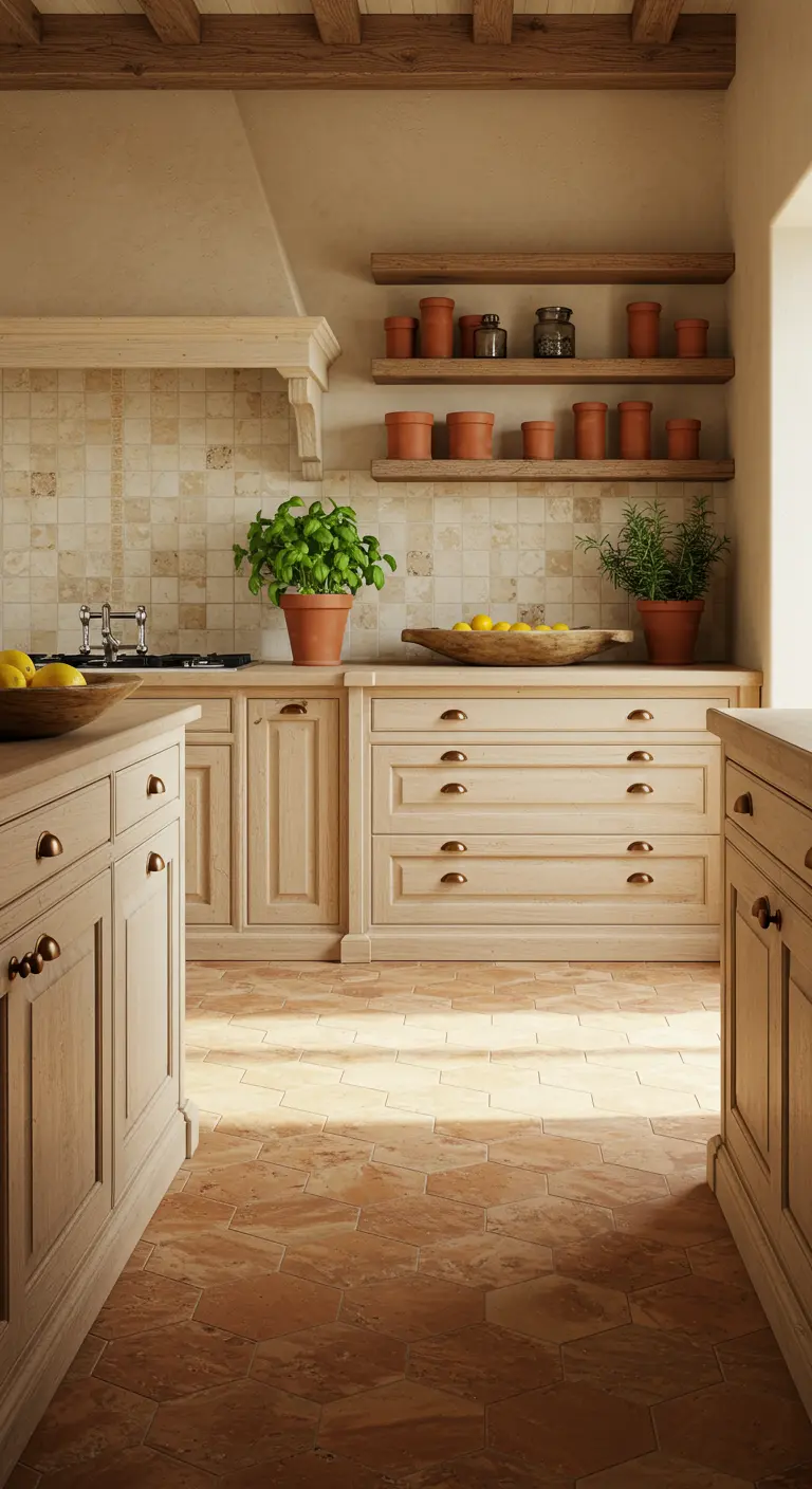 Cocina rústica estilo toscano con suelo de terracota y vigas de madera.