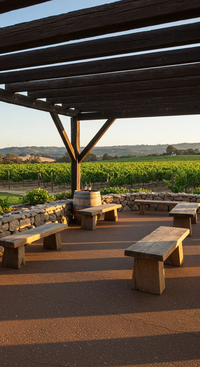 Terraza con vistas a un viñedo, con bancos de madera rústicos y un barril de vino como mesa.