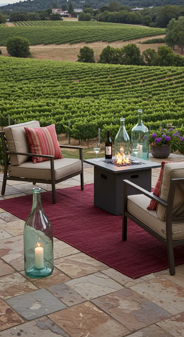 Terraza con vistas a un viñedo, mesa con hoguera y faroles hechos con botellas de vidrio.