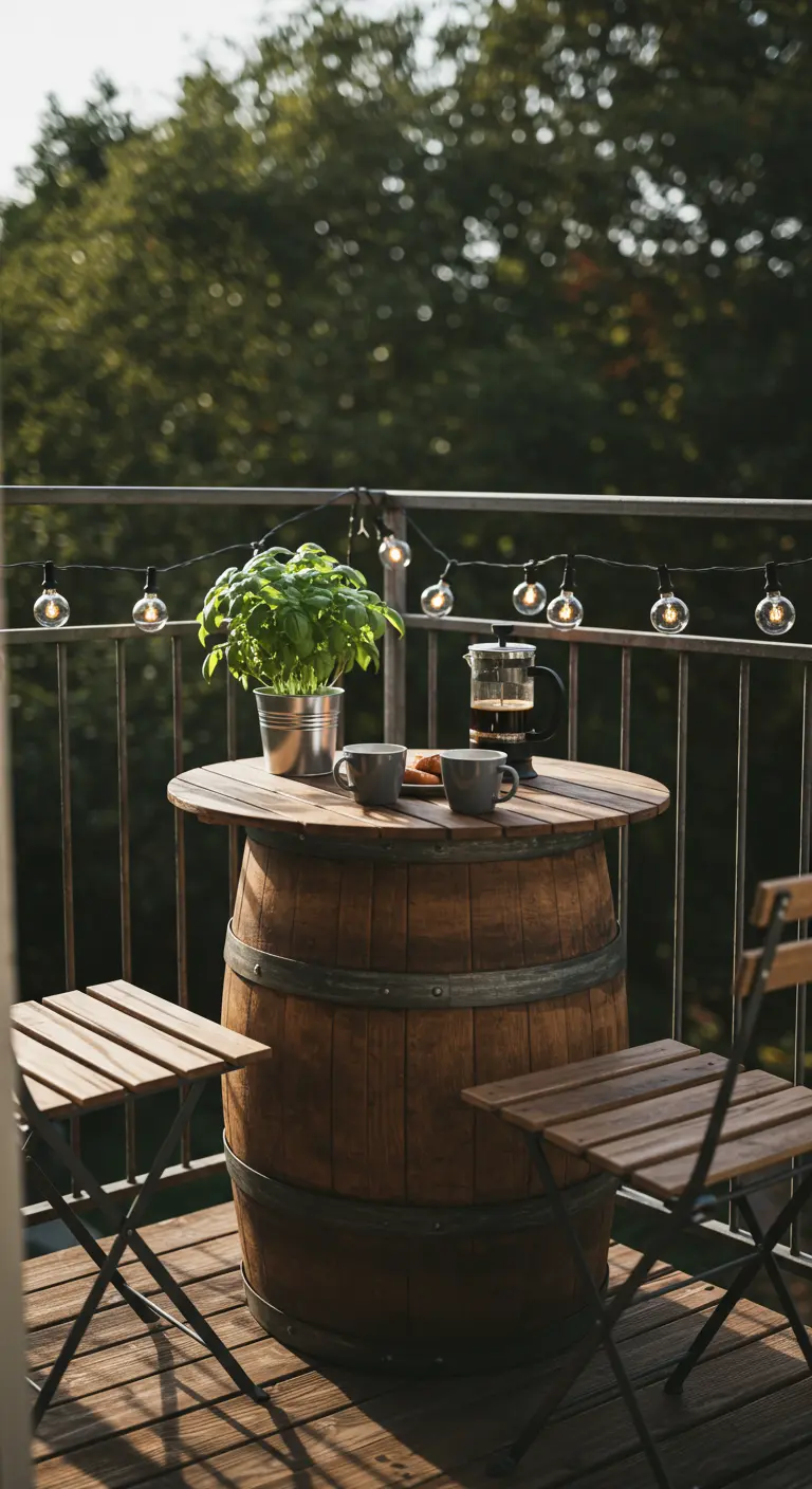 Balcón con una mesa hecha de un barril de vino, dos sillas plegables y una planta de albahaca