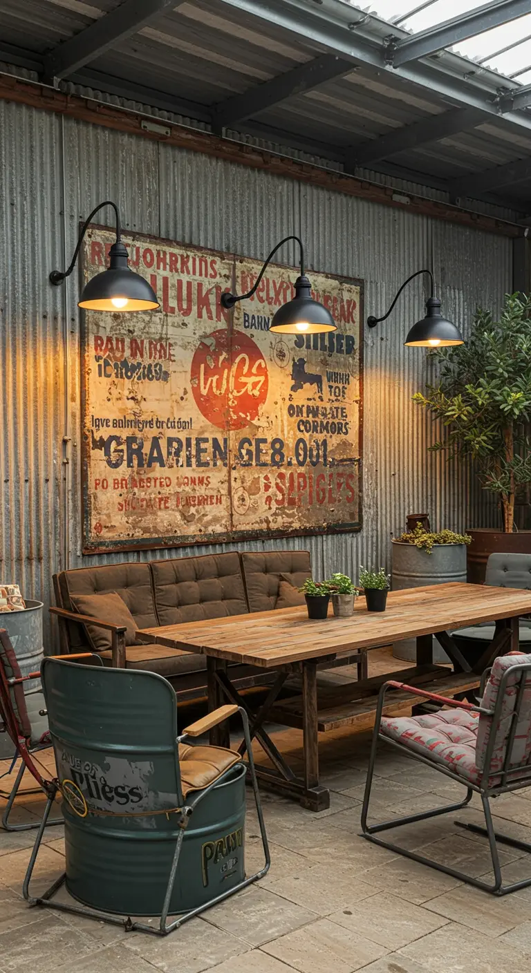 Patio industrial con pared de chapa, un gran cartel vintage y muebles hechos con barriles reciclados