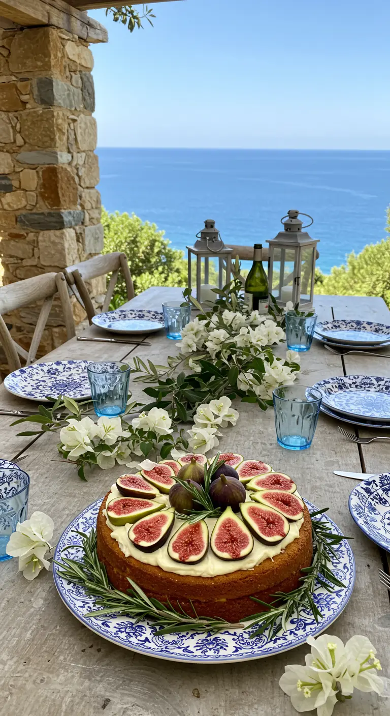 Pastel decorado con higos y romero en una mesa con vistas al mar Mediterráneo.