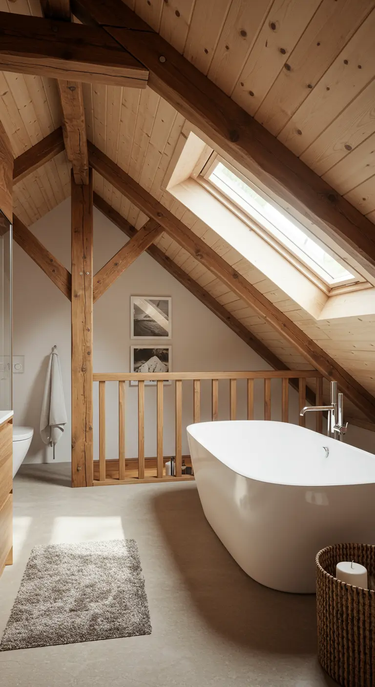 Baño en un ático con vigas de madera vistas, bañera exenta y ventana en el techo