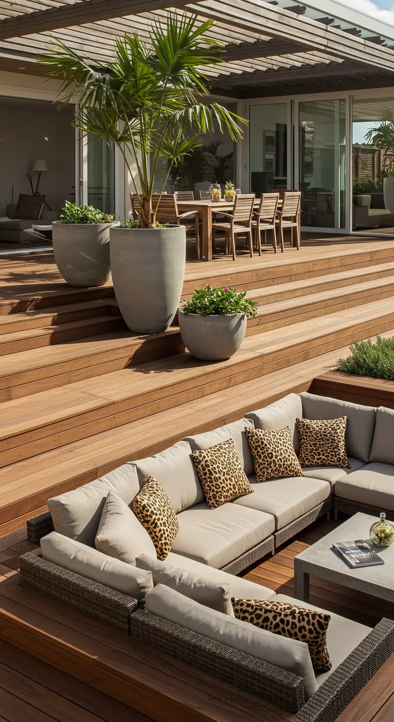 Terraza de madera de varios niveles con sofá esquinero y cojines de leopardo.