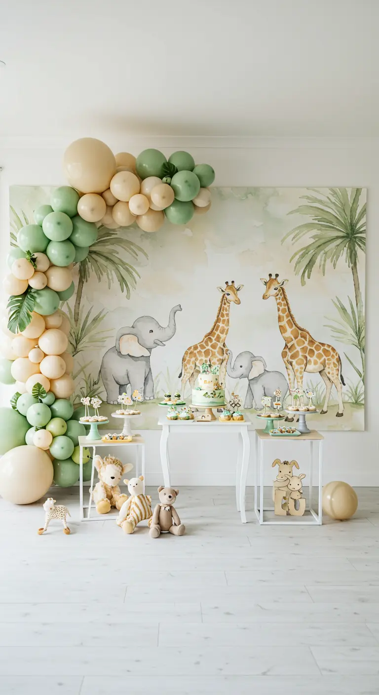 Mesa de dulces con un fondo de animales de safari en acuarela y globos en tonos pastel.