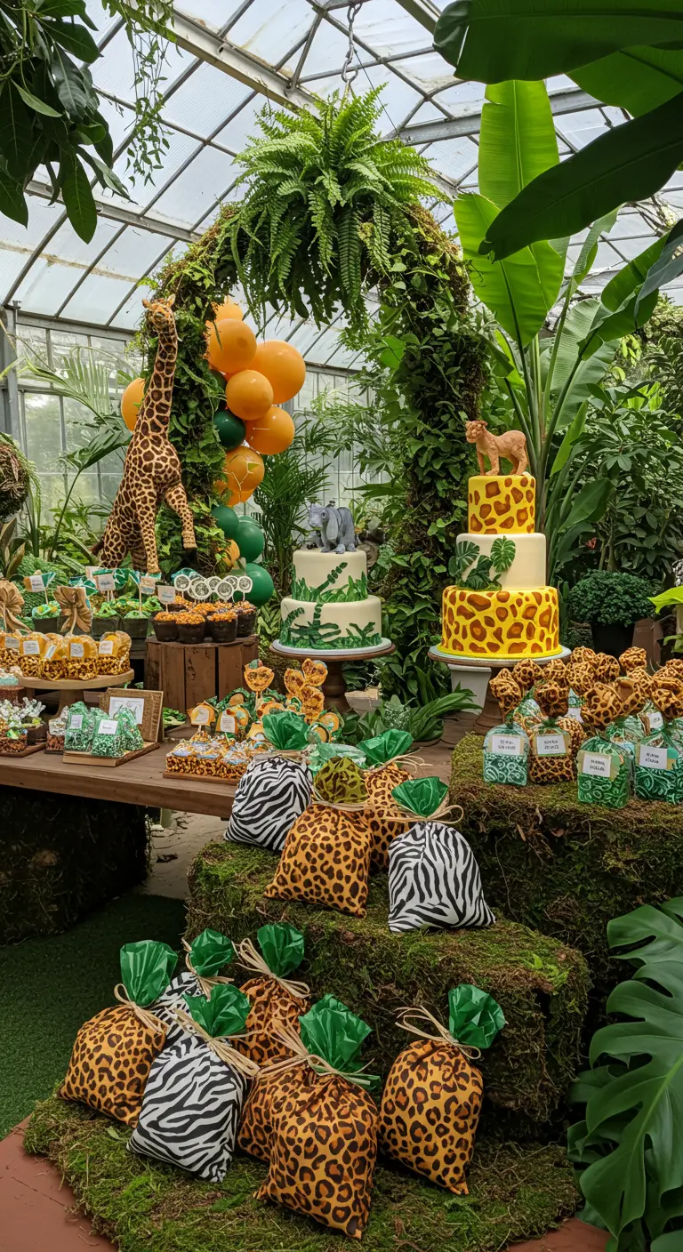 Bolsitas de tela con estampado de cebra y leopardo para una fiesta de safari.