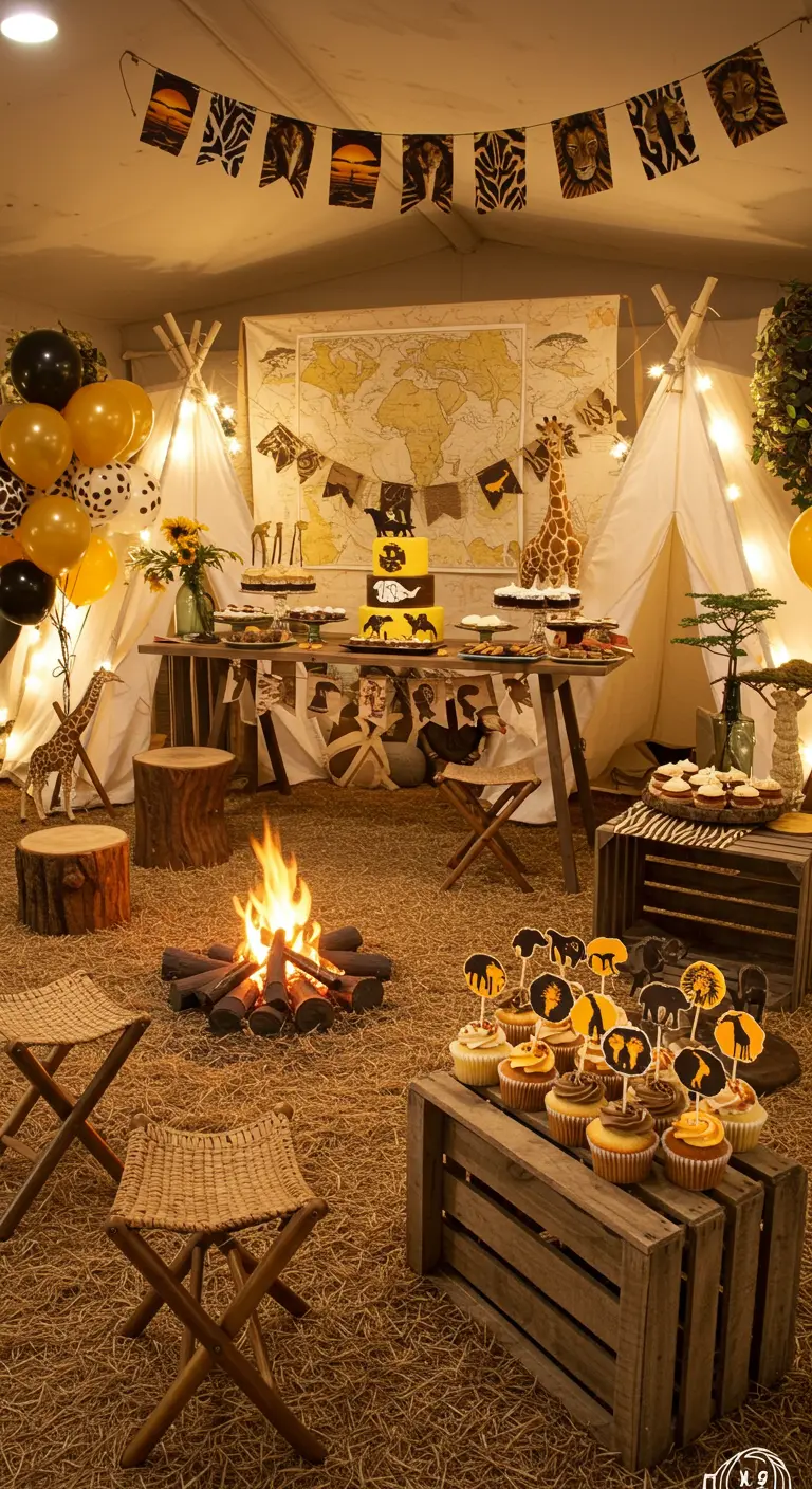 Fiesta temática de safari con tipis, una fogata falsa y cupcakes de animales.