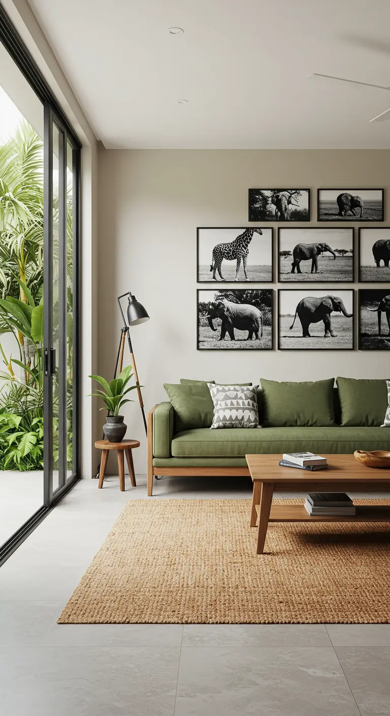 Pared de salón con una composición de seis fotografías en blanco y negro de animales africanos.