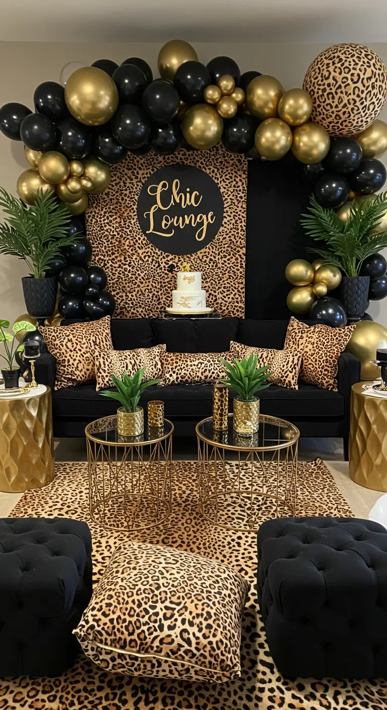 Zona lounge de una fiesta safari con sofá negro, cojines de leopardo, mesas doradas y globos.