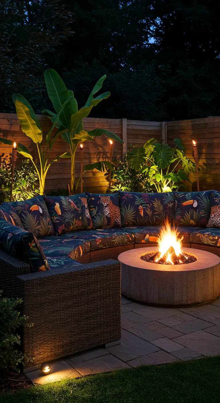 Patio de noche con sofá de mimbre, fogón, cojines de selva y antorchas tiki.