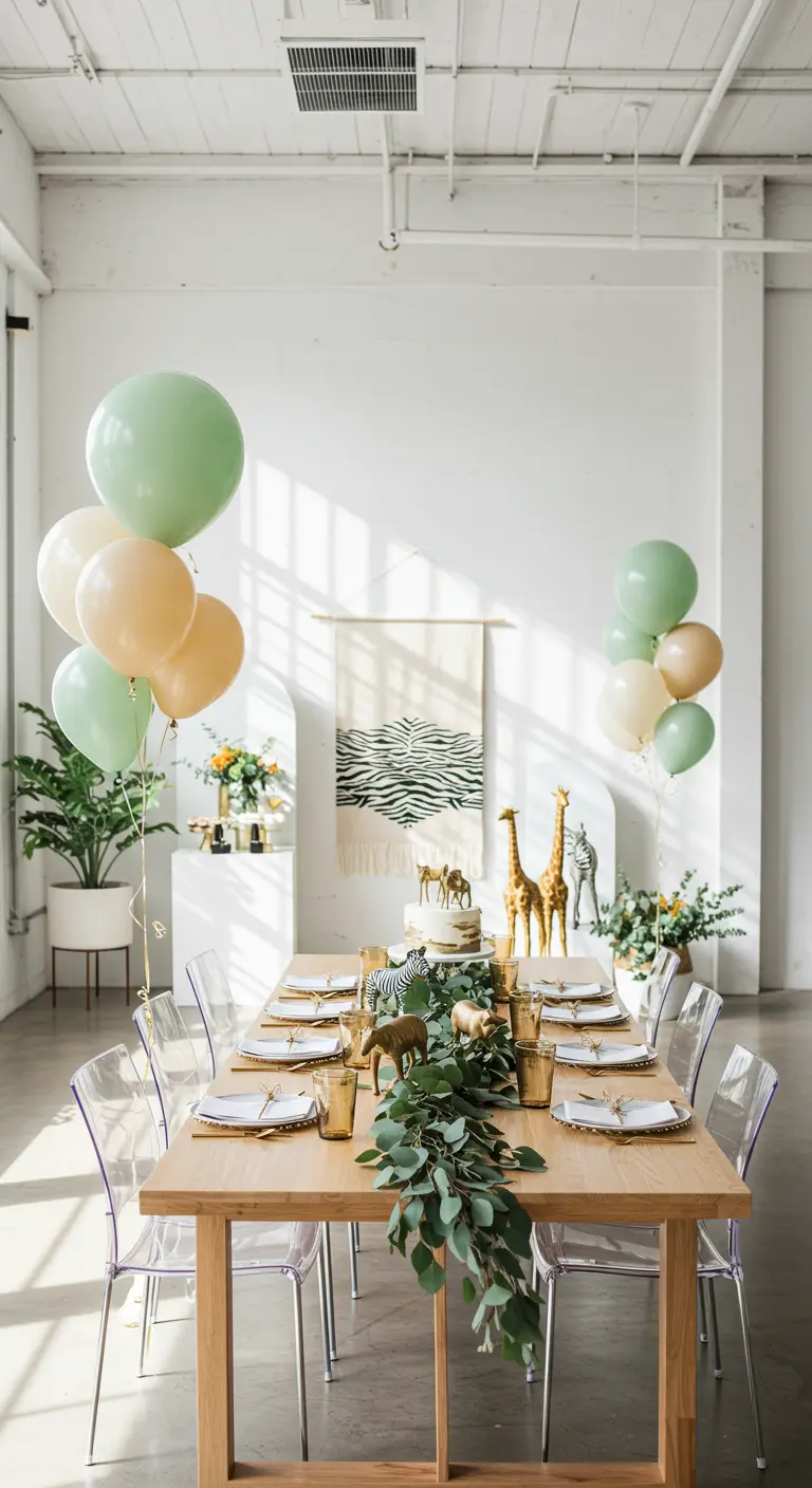 Mesa de comedor minimalista con decoración de safari, globos y un tapiz de cebra en la pared.