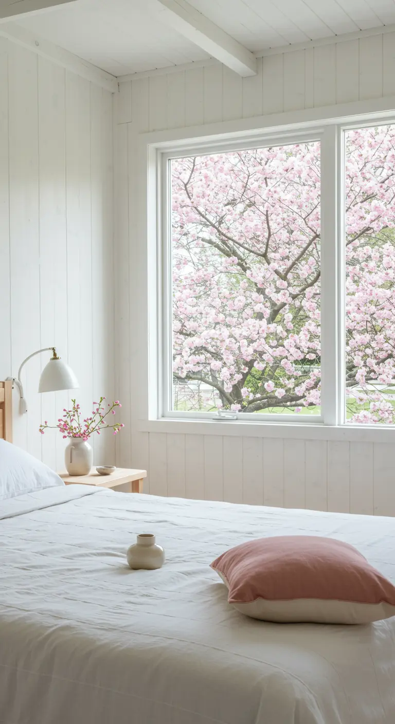 Dormitorio blanco con vistas a un cerezo en flor y un cojín rosa en la cama.