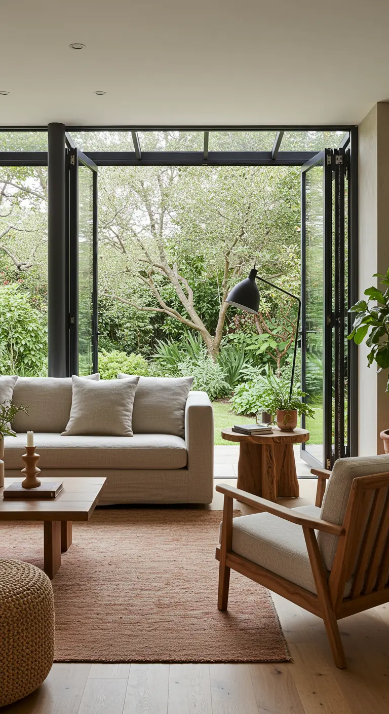 Sala de estar con grandes ventanales al jardín, sofá de lino y muebles de madera.