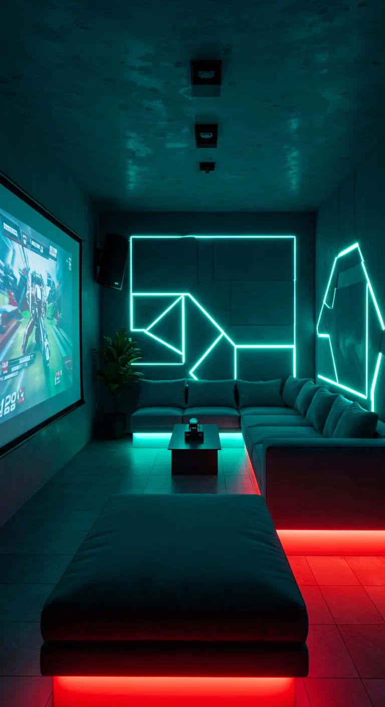 Sala de juegos oscura con un gran sofá, proyector y luces de neón cian y rojas creando formas geométricas