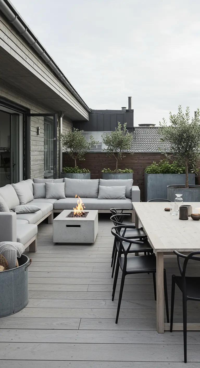 Gran terraza con sofá modular gris, fogón de hormigón, mesa de comedor y olivos en maceteros.