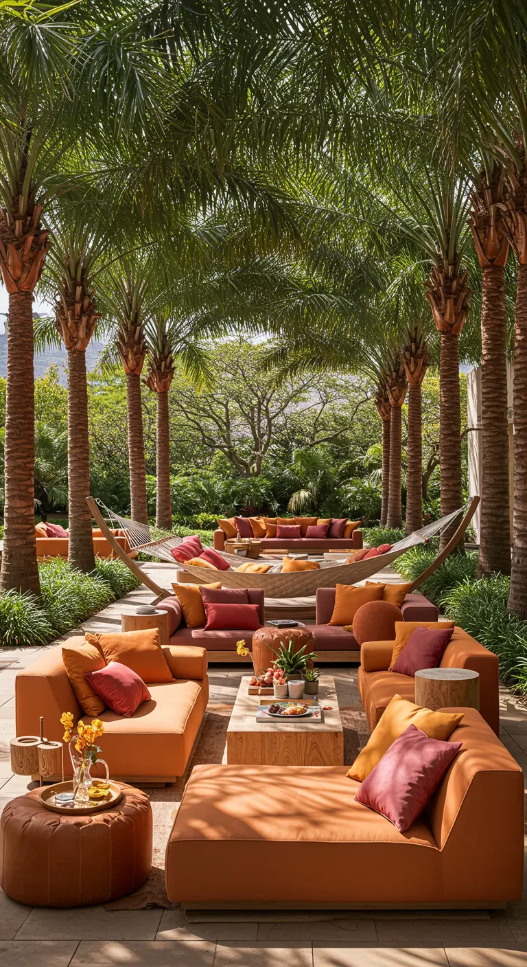 Gran patio con múltiples sofás modulares en tonos tierra y varias hamacas entre palmeras