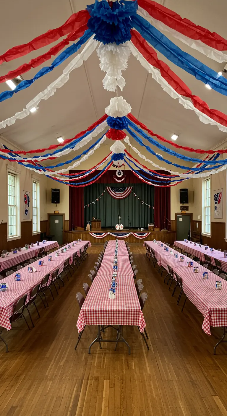 Salón de eventos con serpentinas de papel rojas, blancas y azules que irradian desde el centro del techo.
