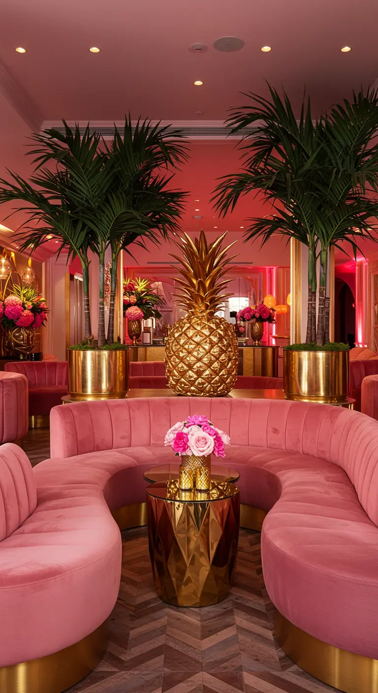 Lujoso salón con un sofá curvo de terciopelo rosa, palmeras y una piña dorada gigante.