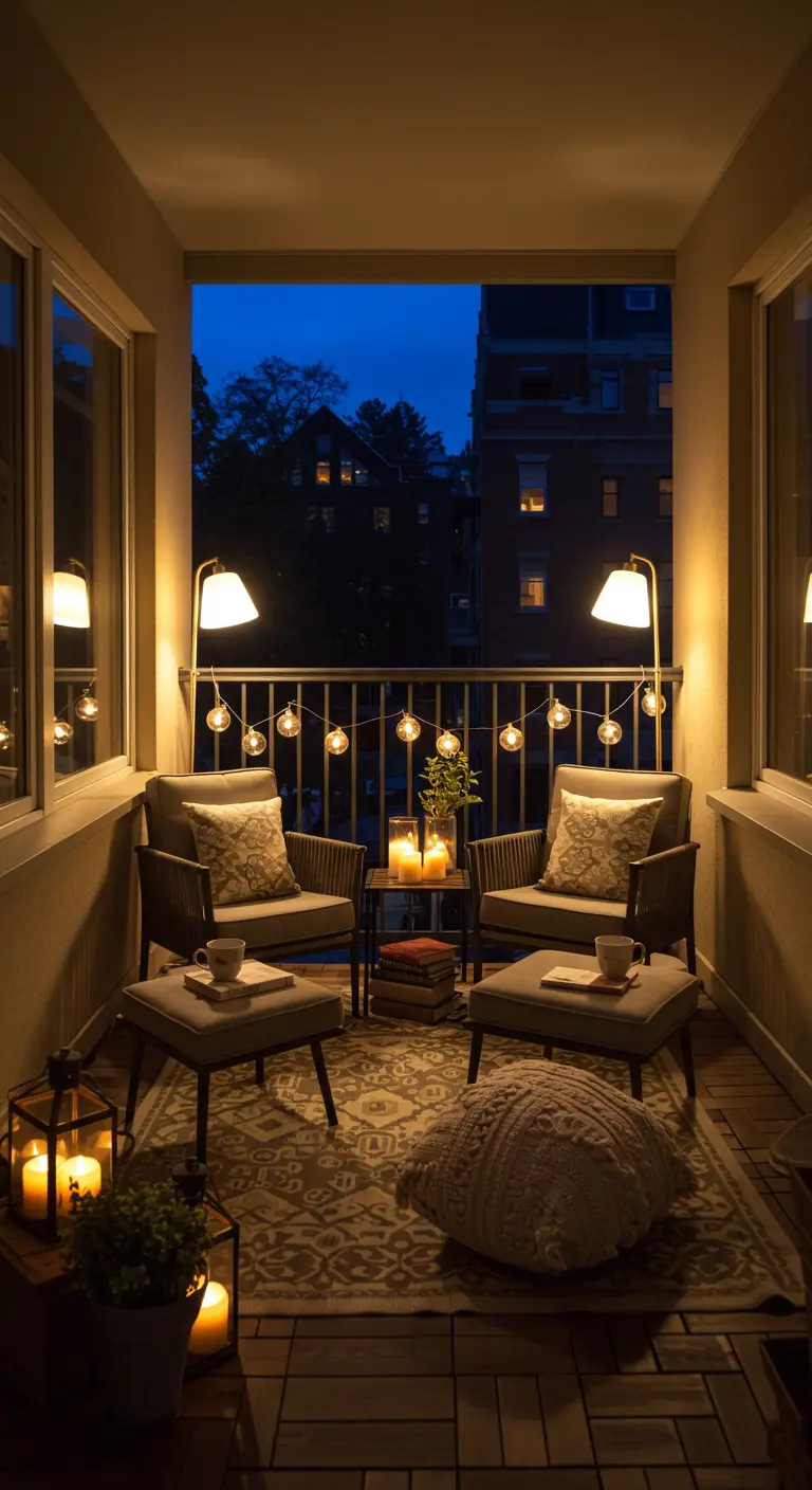 Balcón amueblado como un salón con sillones, alfombra, mesa de centro y varias lámparas.