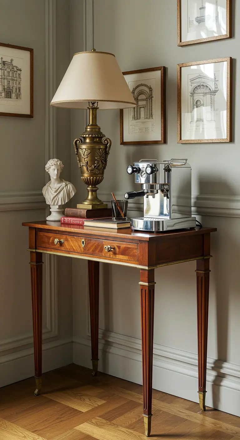 Mesa de trabajo neoclásica con una lámpara ornamentada y un busto de escultura.