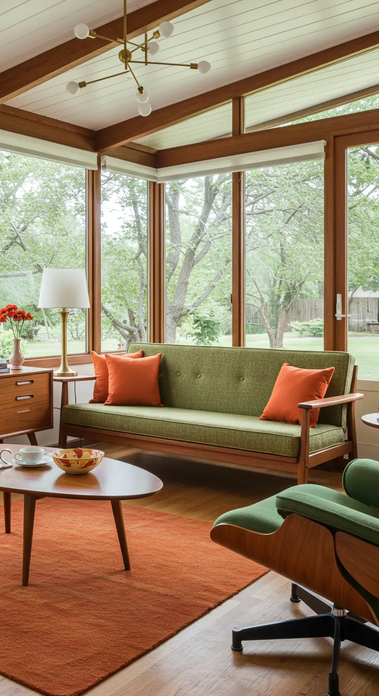 Sala de estar de estilo Mid-Century Modern en un porche cerrado, con sofá verde y detalles en naranja.