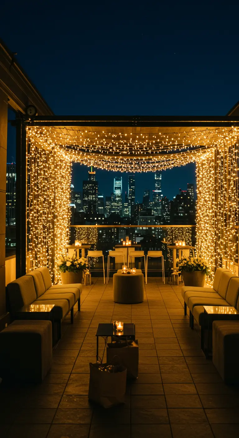 Zona lounge en una azotea con un dosel de luces de hadas y vistas a la ciudad.