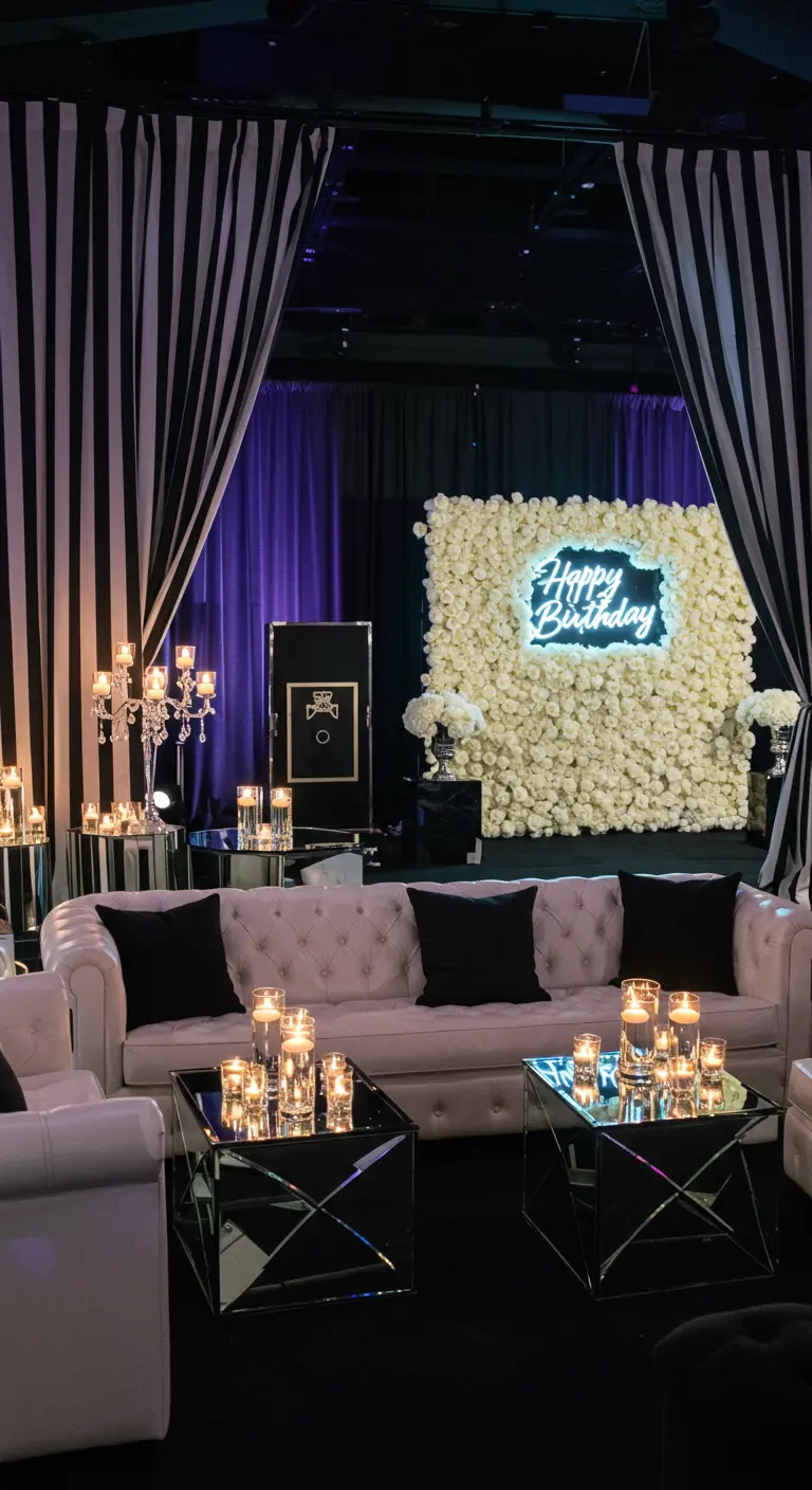 Zona lounge de cumpleaños con un muro de rosas blancas, un letrero de neón y sofás blancos.