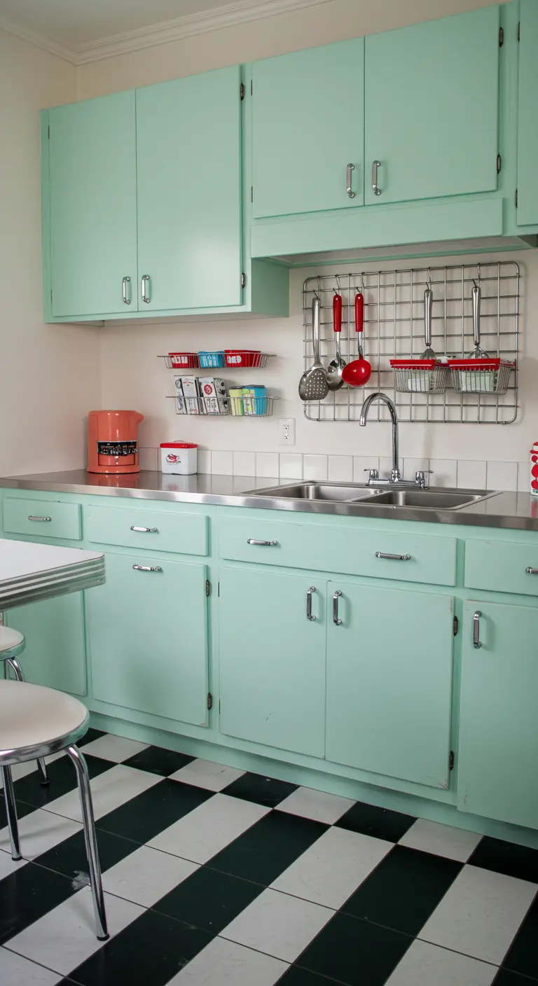 Rejilla metálica de pared con cestas y utensilios en una cocina de color menta de estilo retro