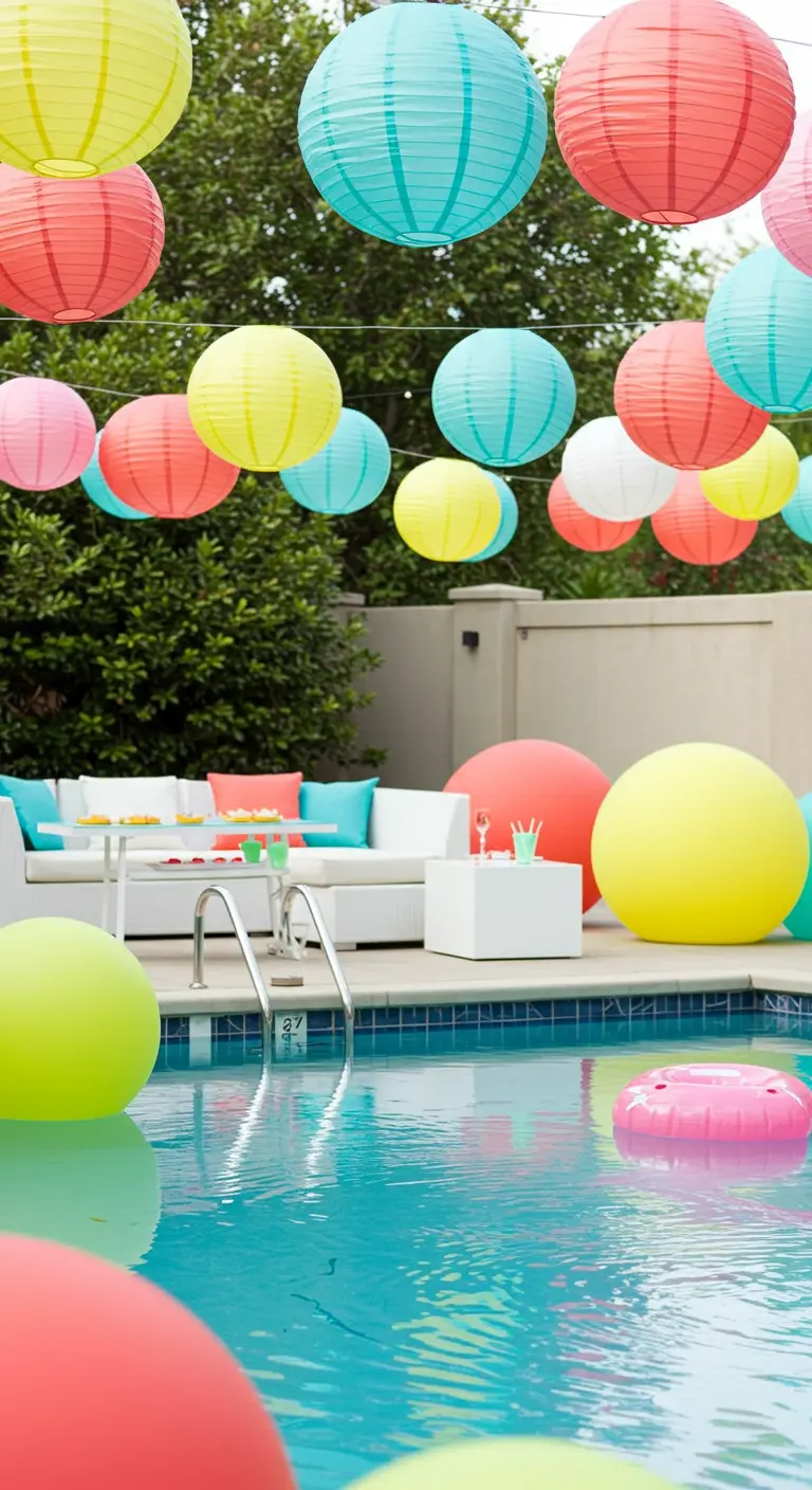 Farolillos de colores vivos sobre una piscina con globos gigantes flotando en el agua.