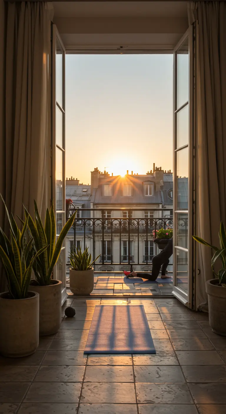 Una persona practicando yoga en una esterilla en un balcón parisino durante el amanecer.
