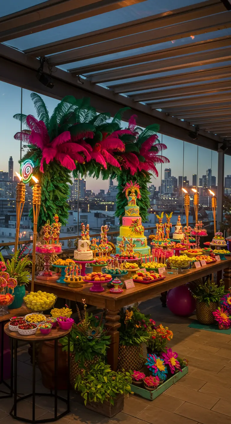 Mesa de dulces de Carnaval en una azotea con un arco de plumas fucsias y vistas a la ciudad.