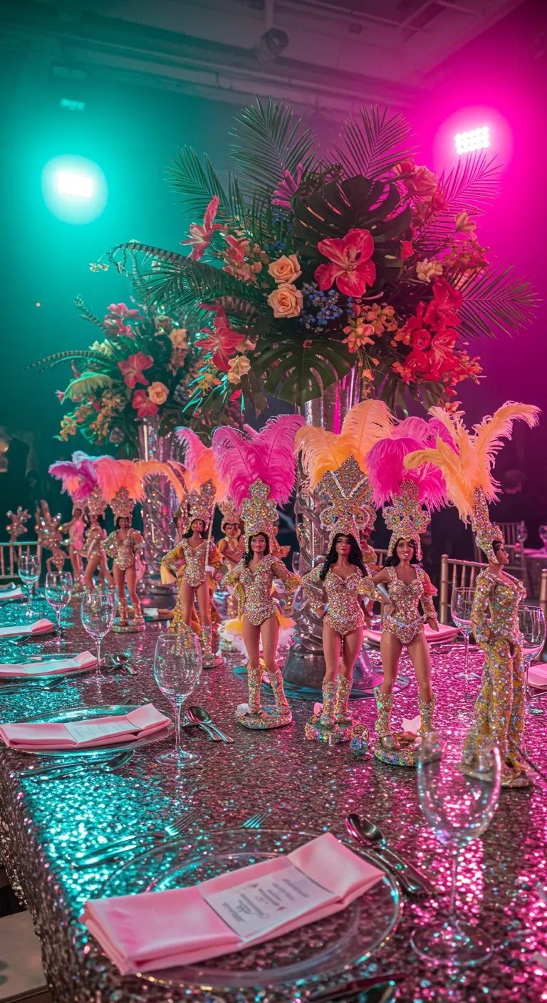 Mesa de fiesta de Carnaval de Río con bailarinas, lentejuelas y luces de neón.