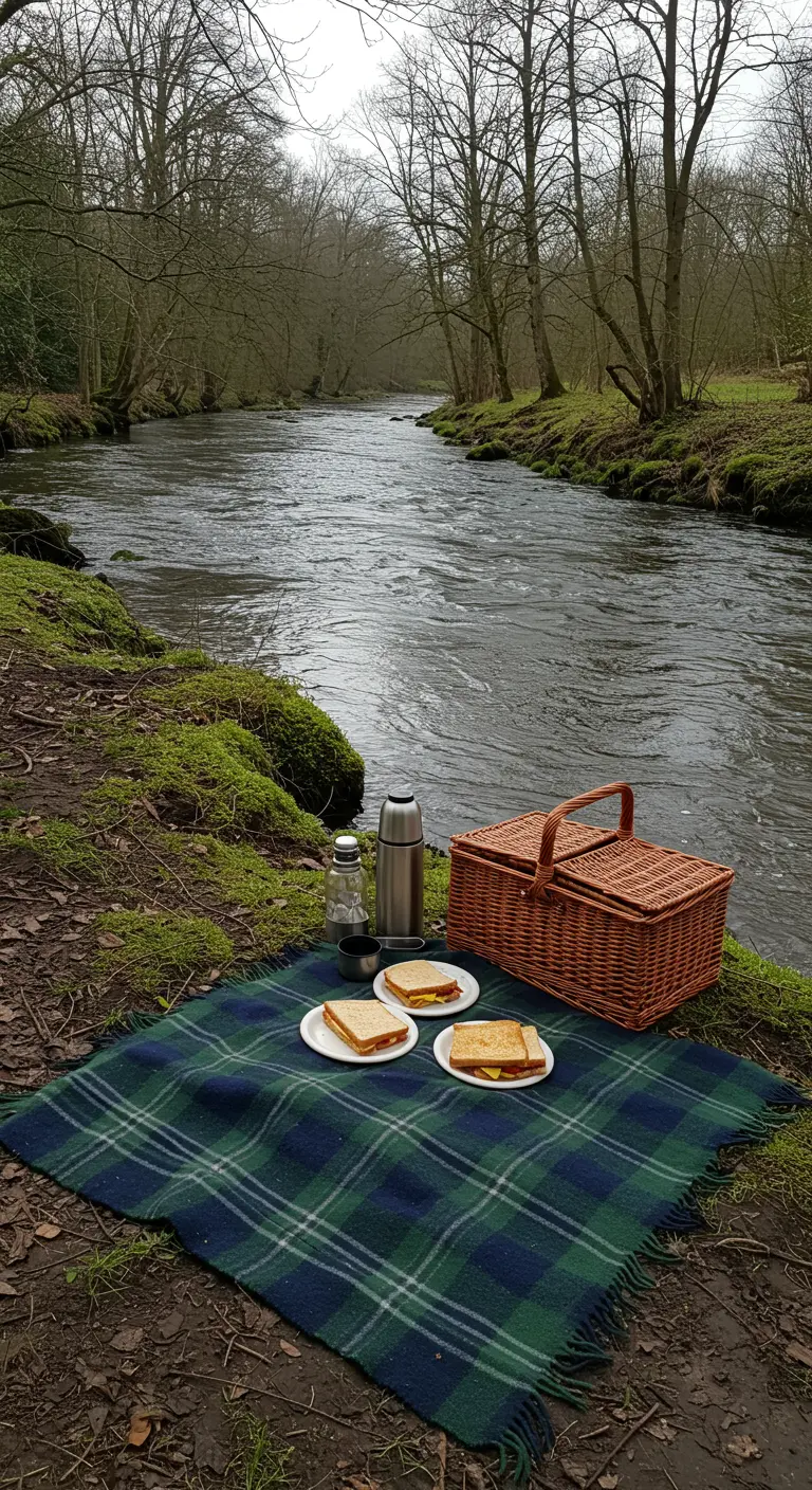 Picnic junto a un río con una manta de tartán, sándwiches y un termo.