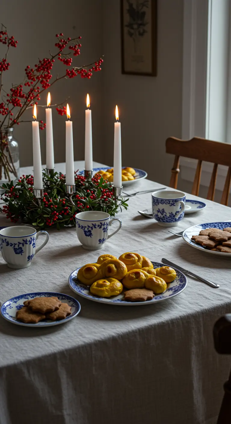 Mesa sueca de Santa Lucía con bollos de azafrán, una corona de adviento y tazas de porcelana.
