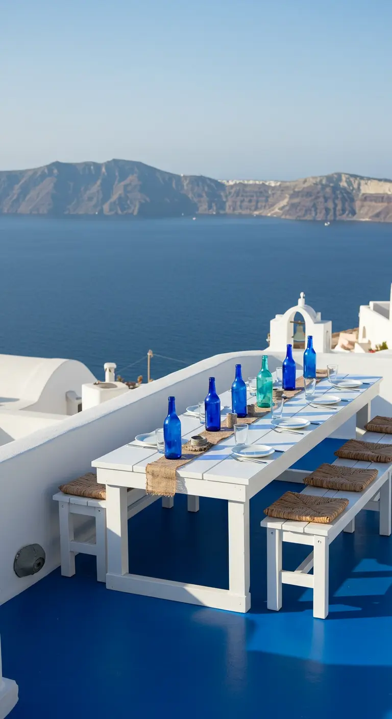 Terraza blanca y azul de estilo griego con mesa de picnic y botellas azules frente al mar.