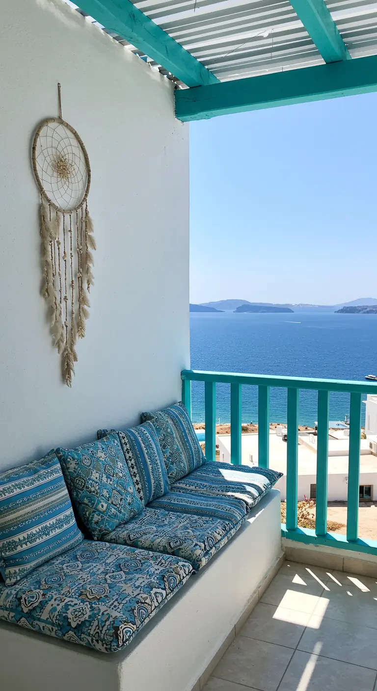 Balcón con vistas al mar, banco de obra blanco, cojines azules y barandilla turquesa.