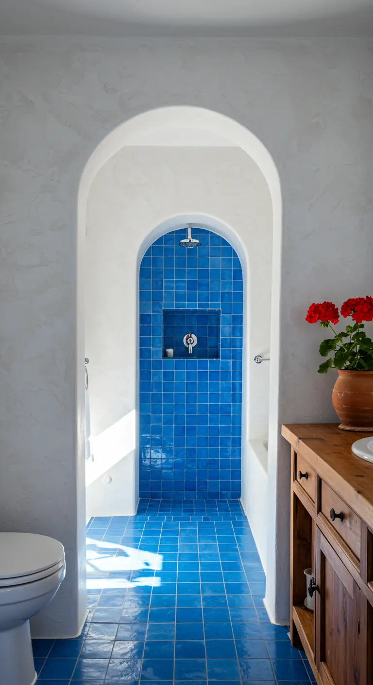 Baño de estilo mediterráneo con paredes blancas, arcos y una ducha con azulejos azul intenso