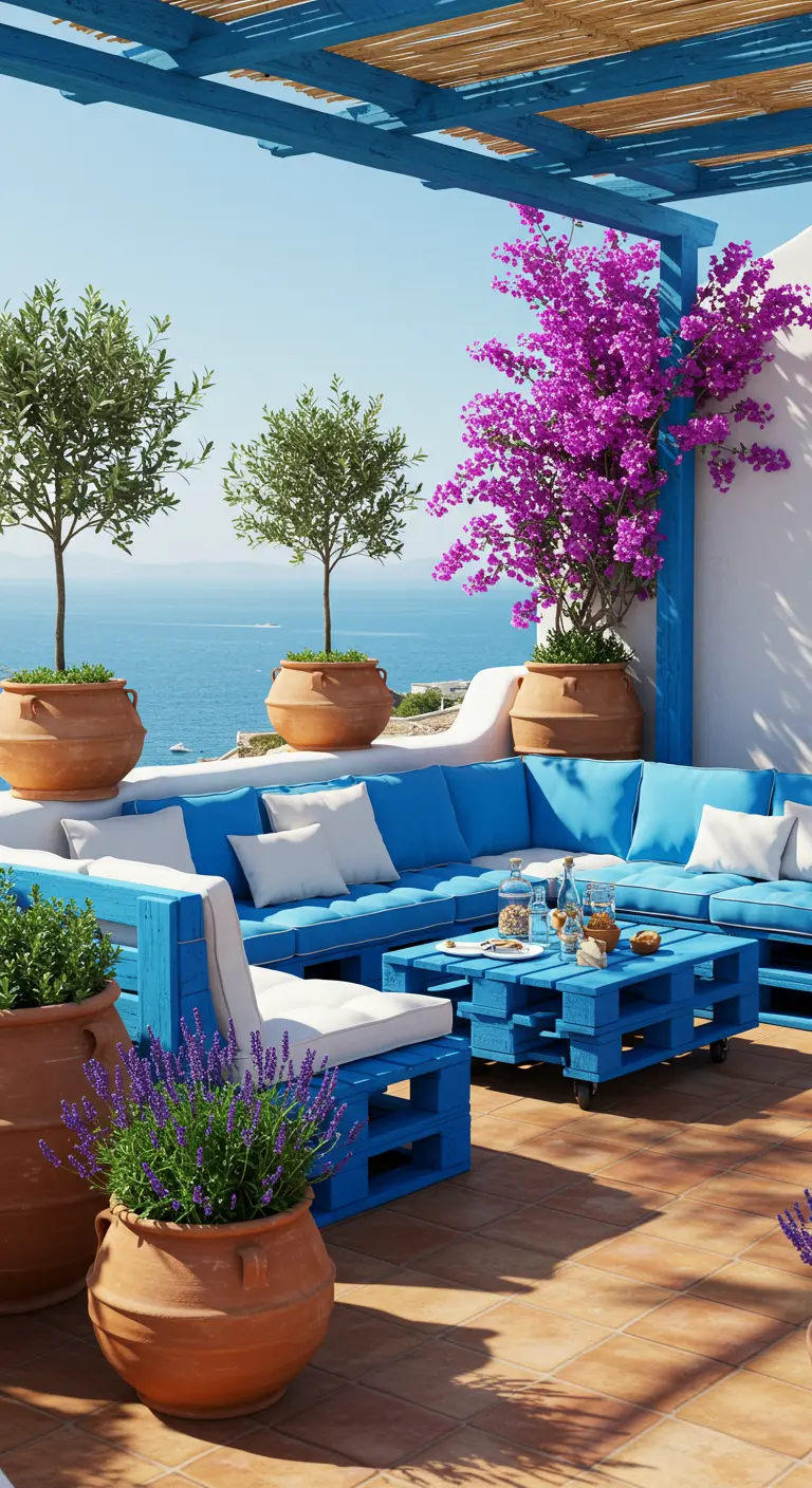 Terraza con vistas al mar, sofás de palets azul intenso y buganvillas.