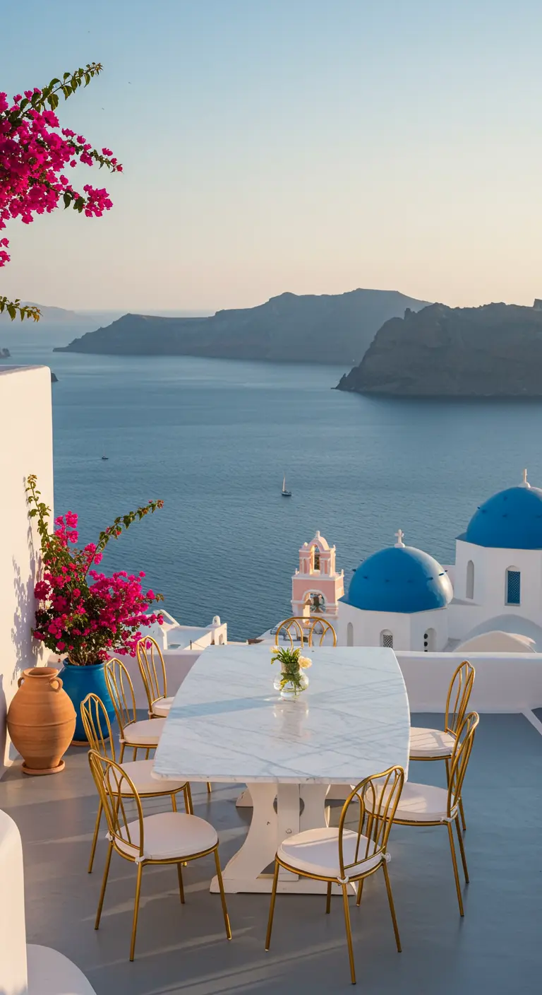 Terraza en Santorini con vistas al mar, una buganvilla y una mesa blanca con sillas doradas