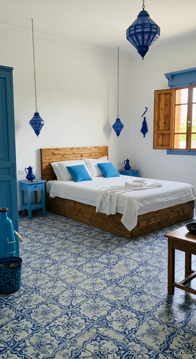 Dormitorio de inspiración griega con suelo de baldosas azules y blancas y muebles de madera