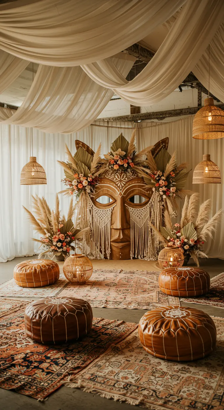 Máscara de estilo boho de madera decorada con macramé, flores secas y hierba de la pampa.