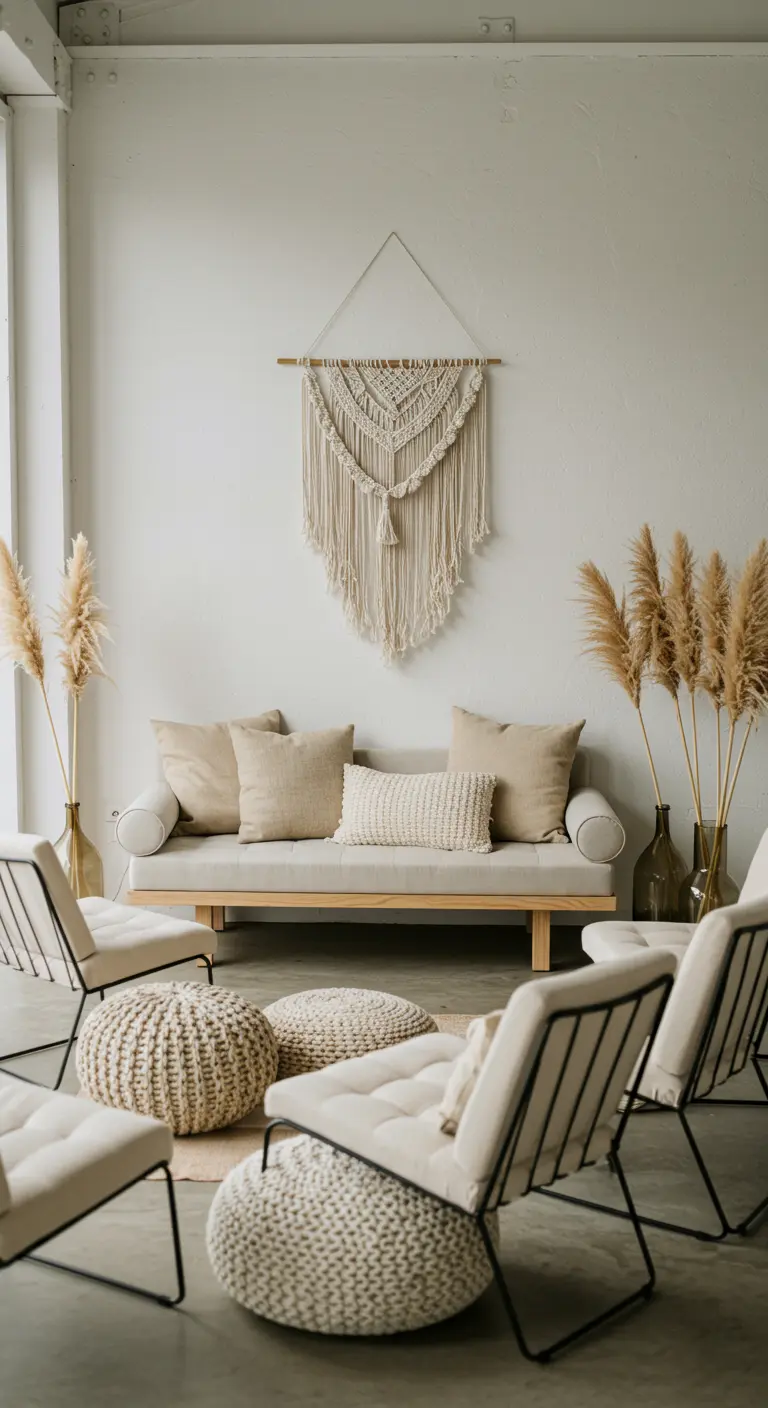 Sala de estar minimalista boho con sofá neutro, pufs de punto y un gran tapiz de macramé.