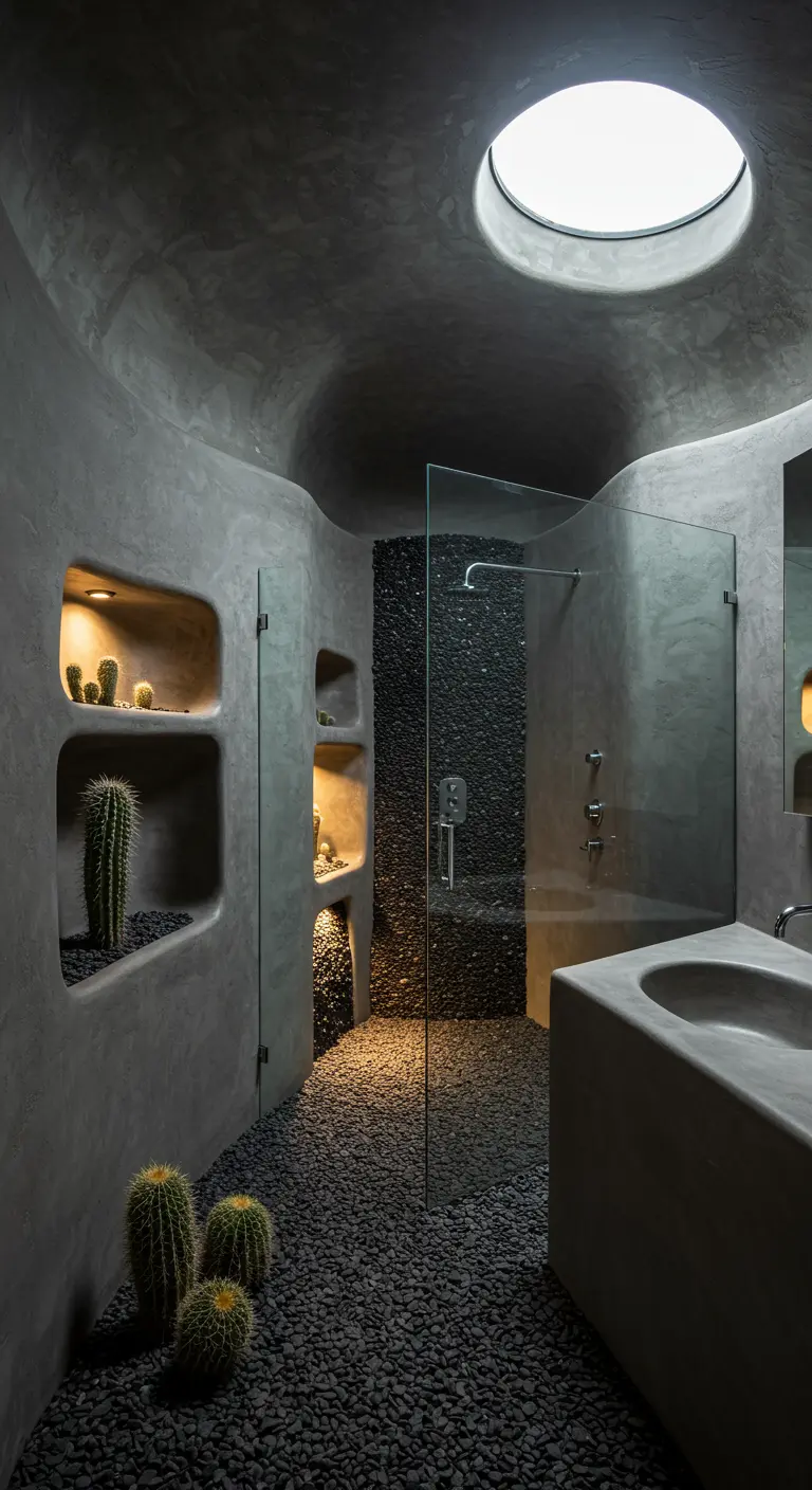 Baño oscuro con paredes curvas de cemento, suelo de guijarros y claraboya.