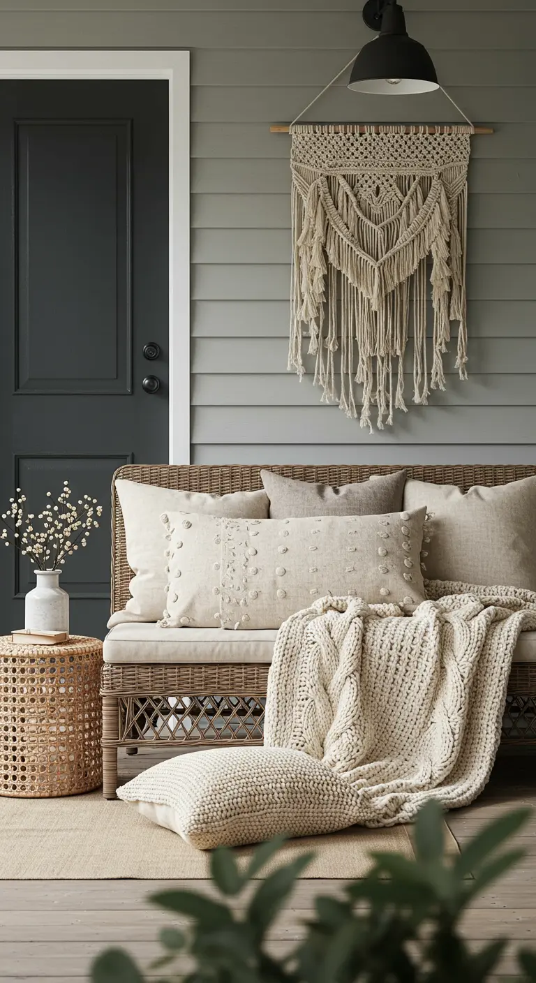 Porche en tonos neutros con sofá de mimbre, manta de punto, cojines texturizados y macramé.