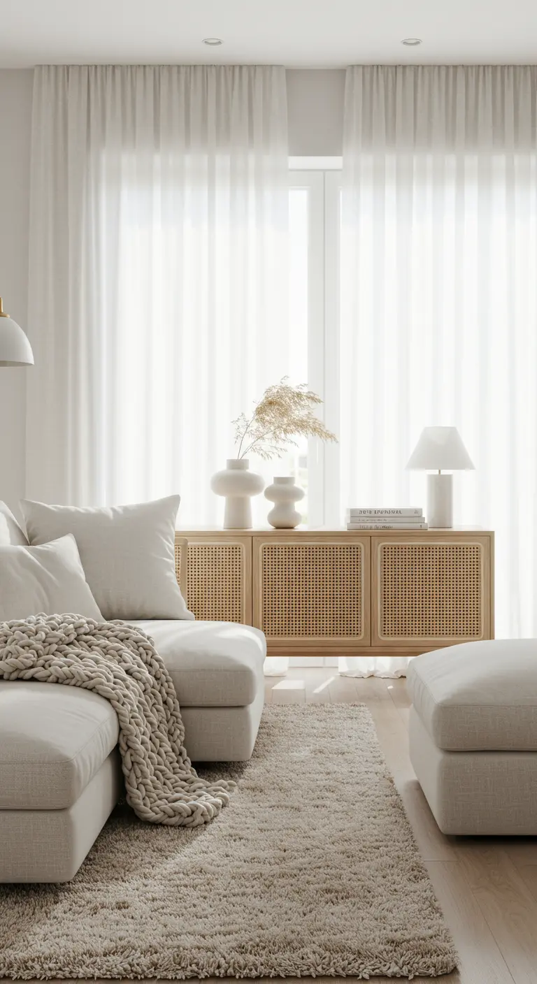 Salón sereno con sofá blanco, manta de punto grueso y aparador con puertas de rejilla.