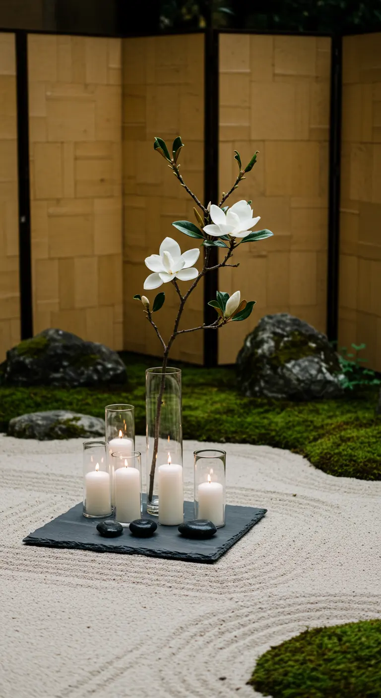 Altar de estilo zen en un jardín de arena con velas, una rama de magnolia y piedras negras.